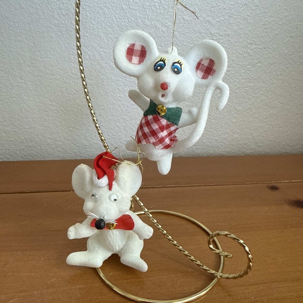 Pair Vintage Flocked White Christmas Mouse Ornaments Kitsch MCM